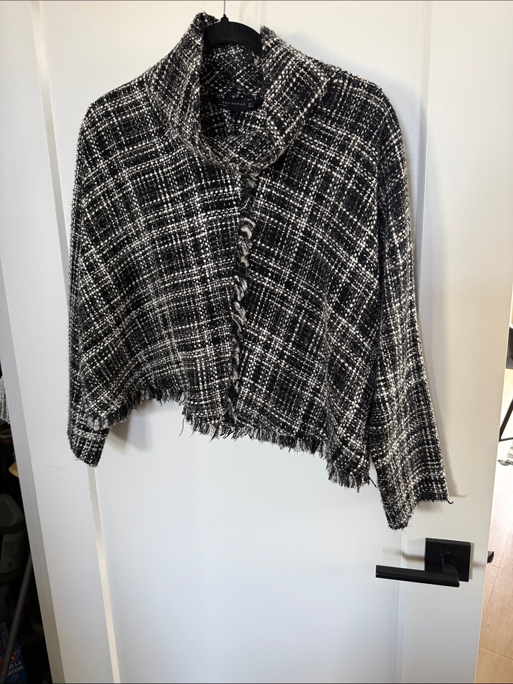 Zara Black & White Plaid Fringed Knit Poncho